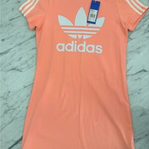 NWT Adidas Peach Short Sleeve Tee Dress with White Logo and Stripes